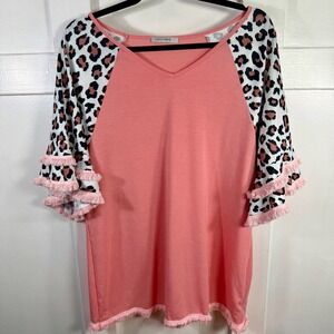 CELLABIE Coral Leopard Print Tassel Bell Sleeve V Neck Top Women's Size L